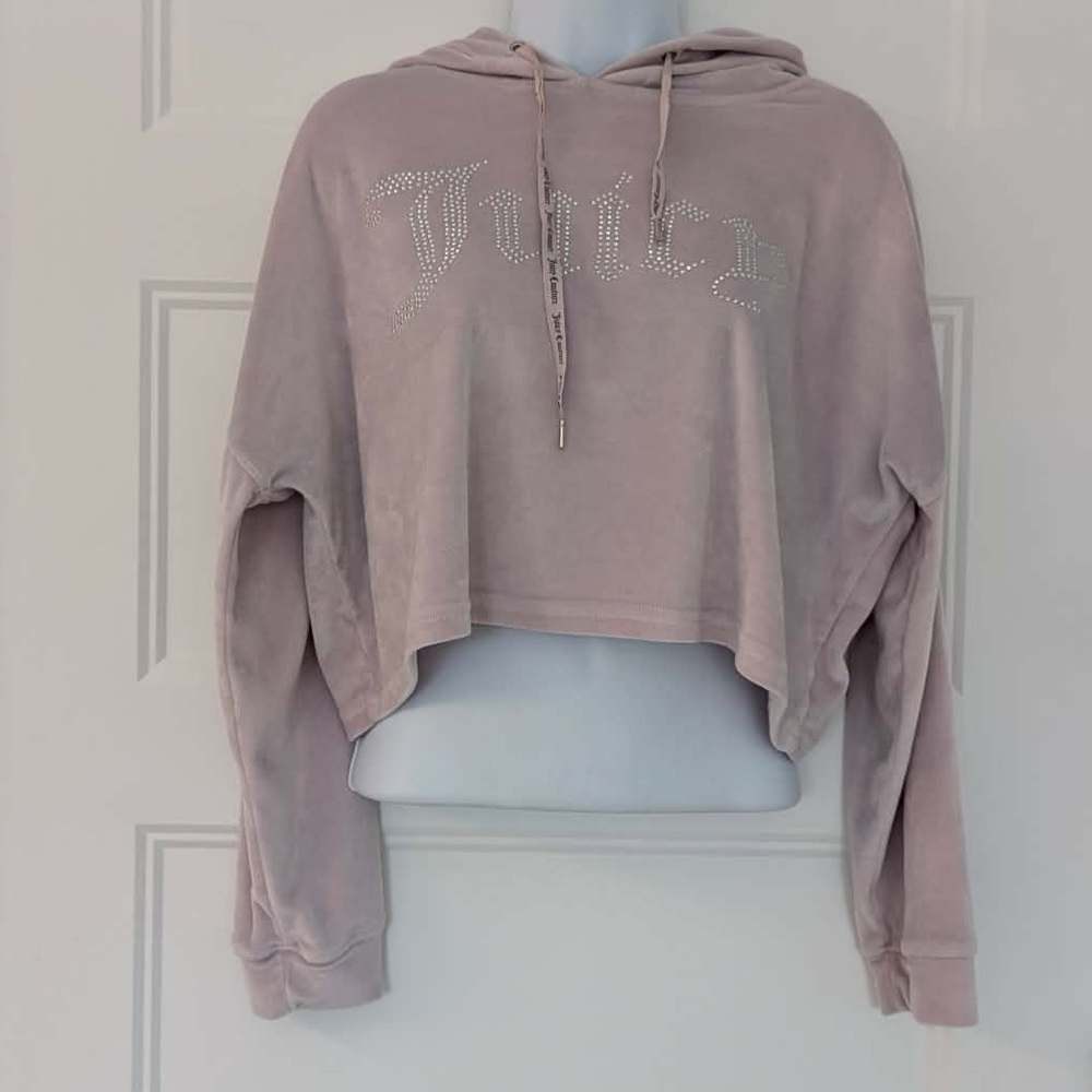 Juicy Couture Pink Rhinestone Logo Cropped Hoodie Size M‎ Y2K